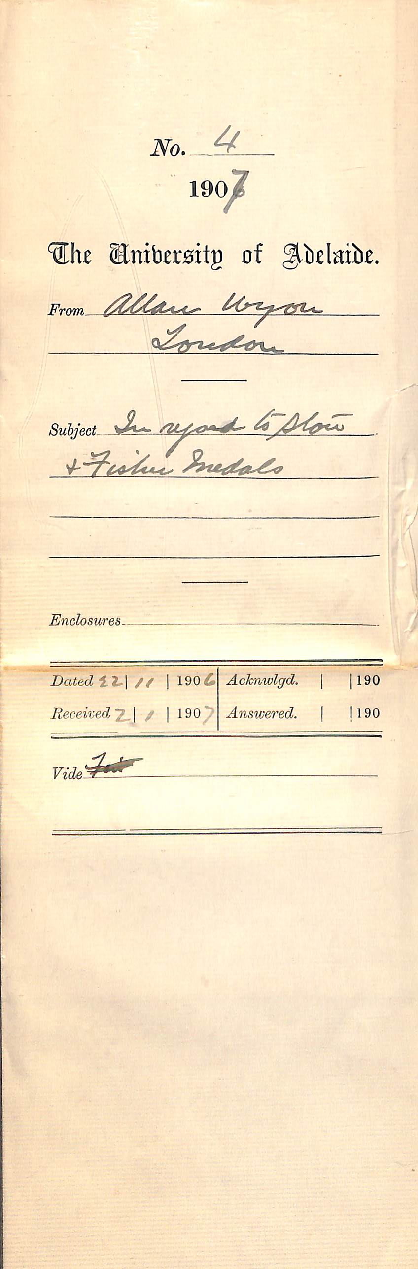 Allan Wyon - London - In regard to Stow and Fisher Medals