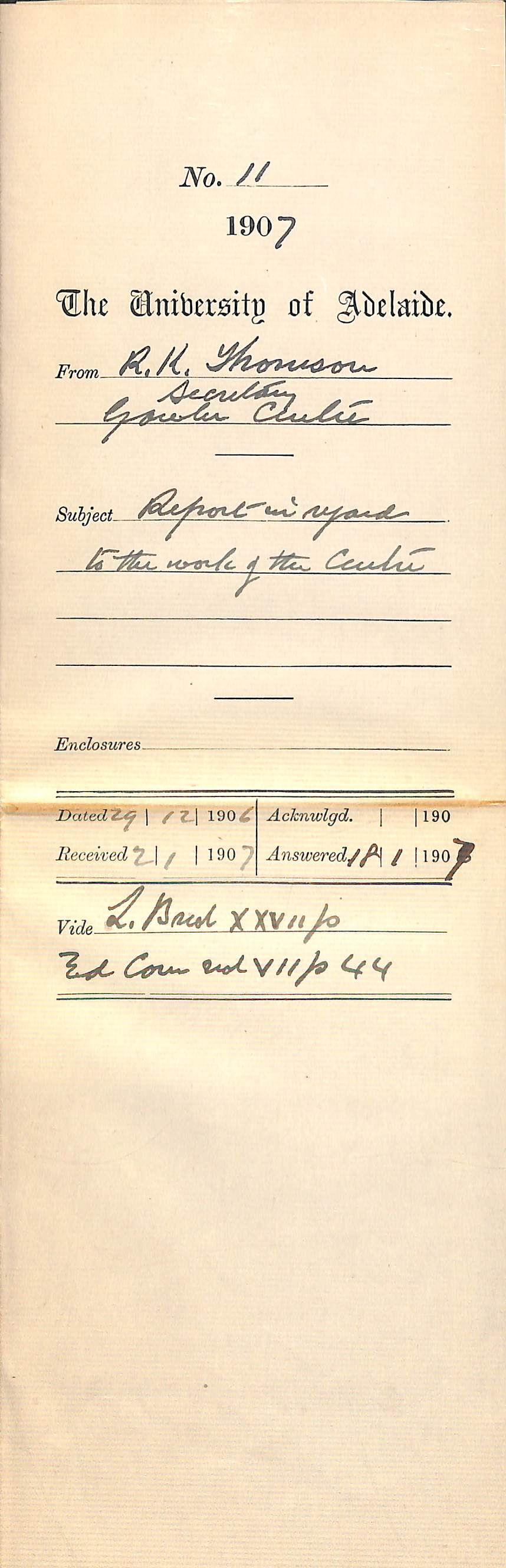 R K Thomson - Secretary Gawler Centre - Report in regard to the work of the Centre