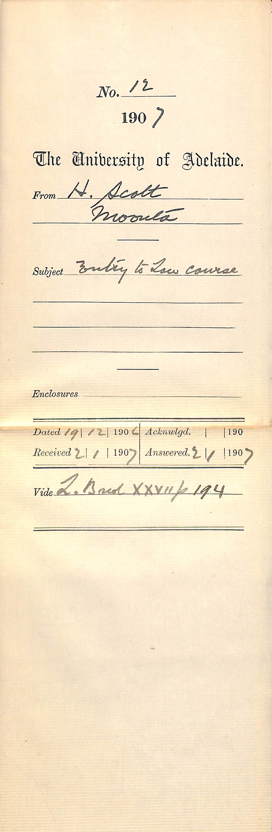 Hubert Scott - Moonta - Entry to Law Course