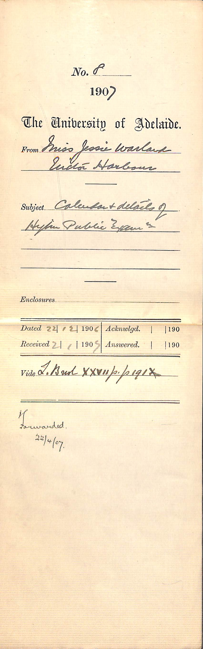 Miss Jessie Warland - Victor Harbour - Calendar and details of Higher Public Examinations