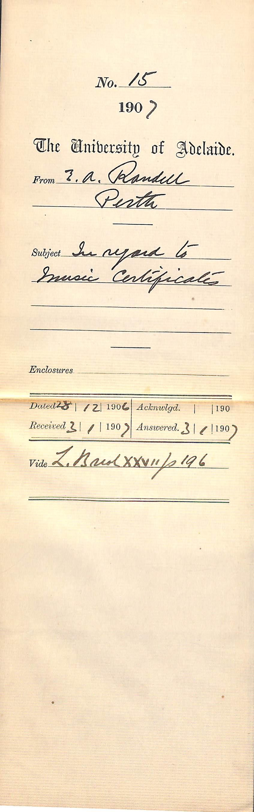 E A Randell - Perth - In regard to Music Certificates