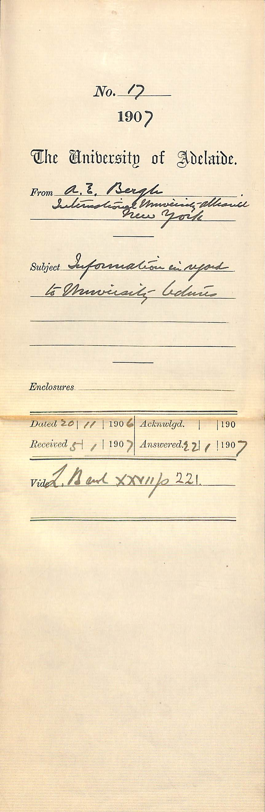 Albert Ellery Bergh - International University Alliance New York - Information in regard to University Lectures