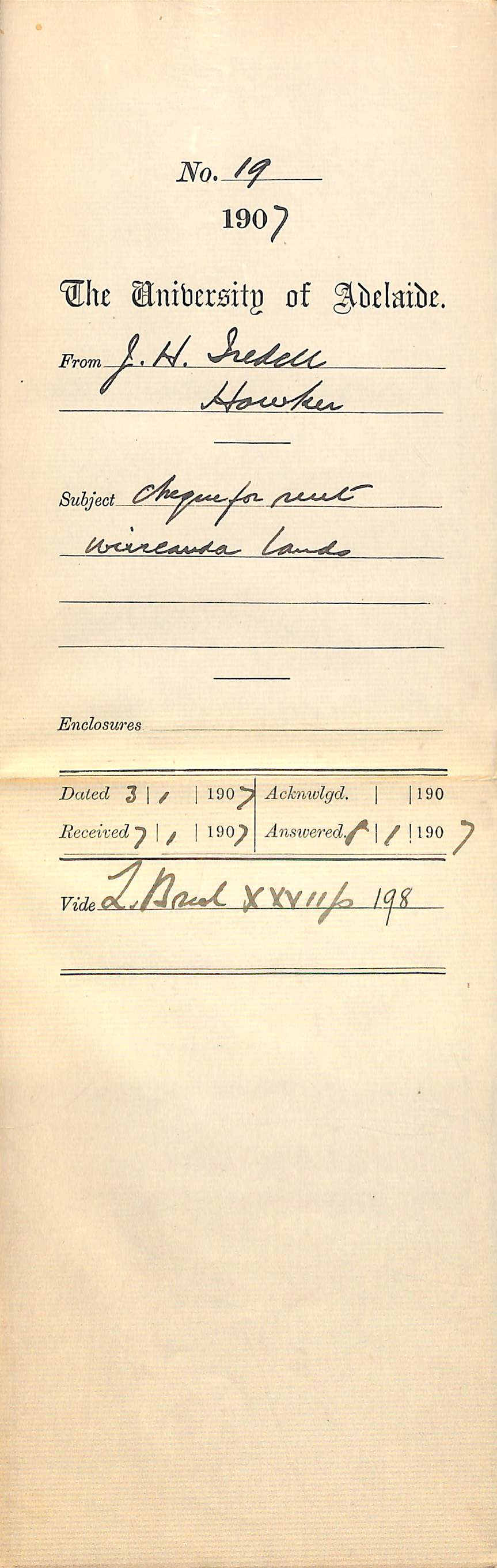 J H Iredell - Hawker - Cheque for rent Wirreanda Lands