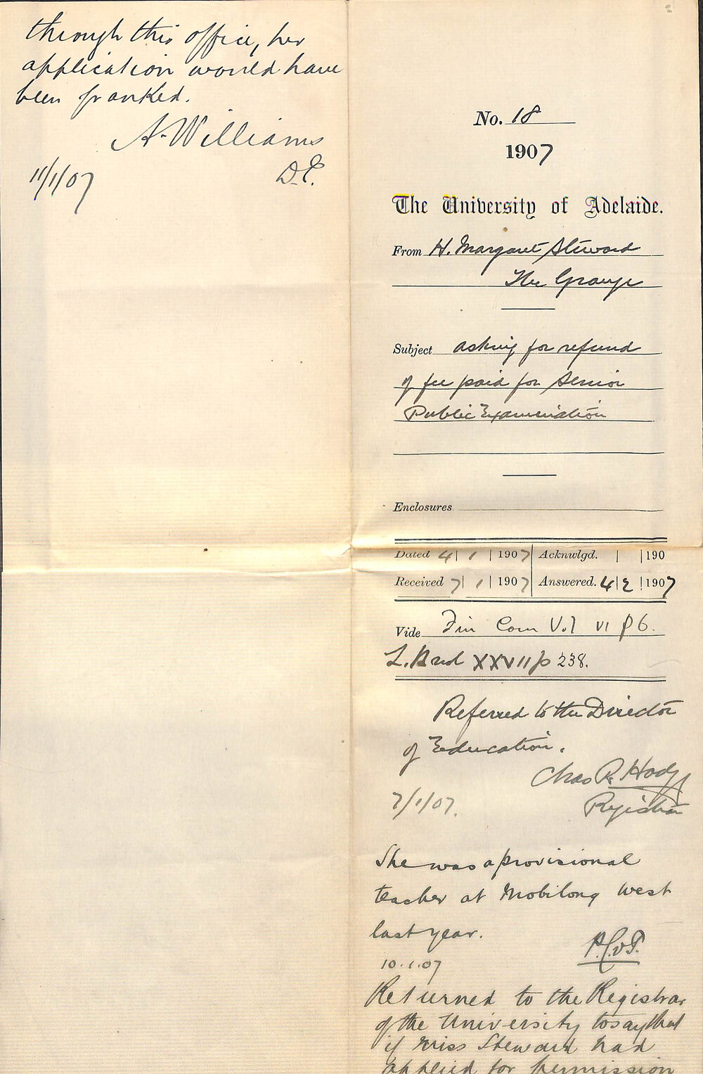 H Margaret Steward - The Grange - Asking for refund of fee paid for Senior Public Examination