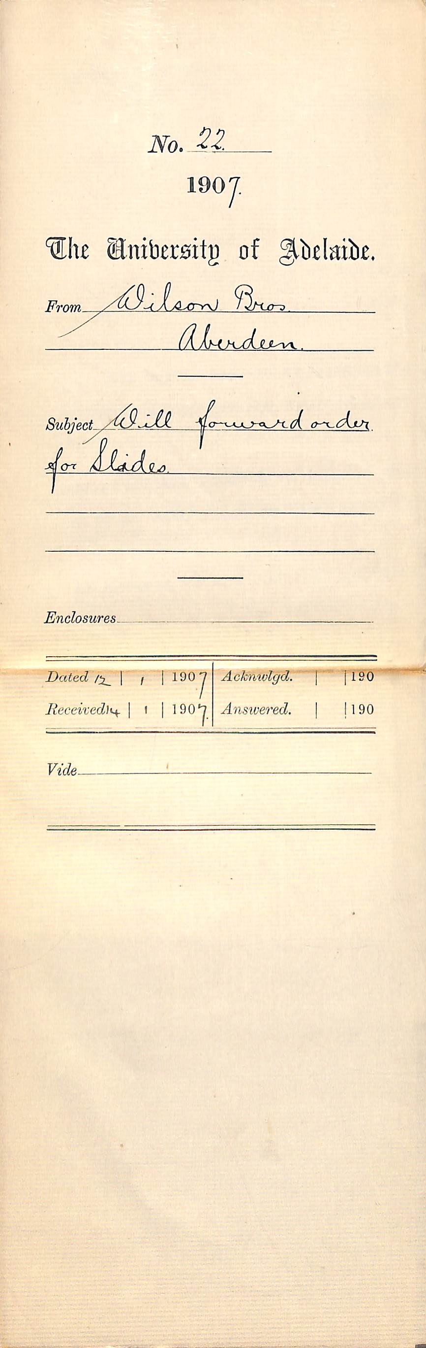 Wilson Brothers - Aberdeen - Will forward orders for Slides