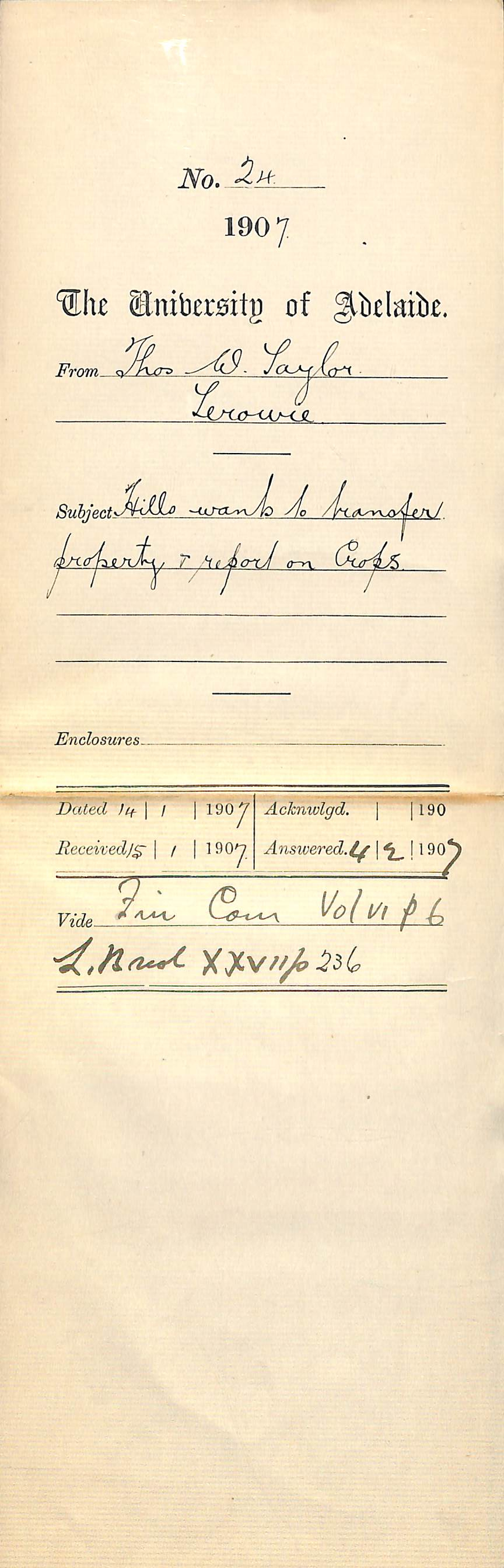 Thomas W Taylor - Terowie - Hills want to transfer property and report on Crops