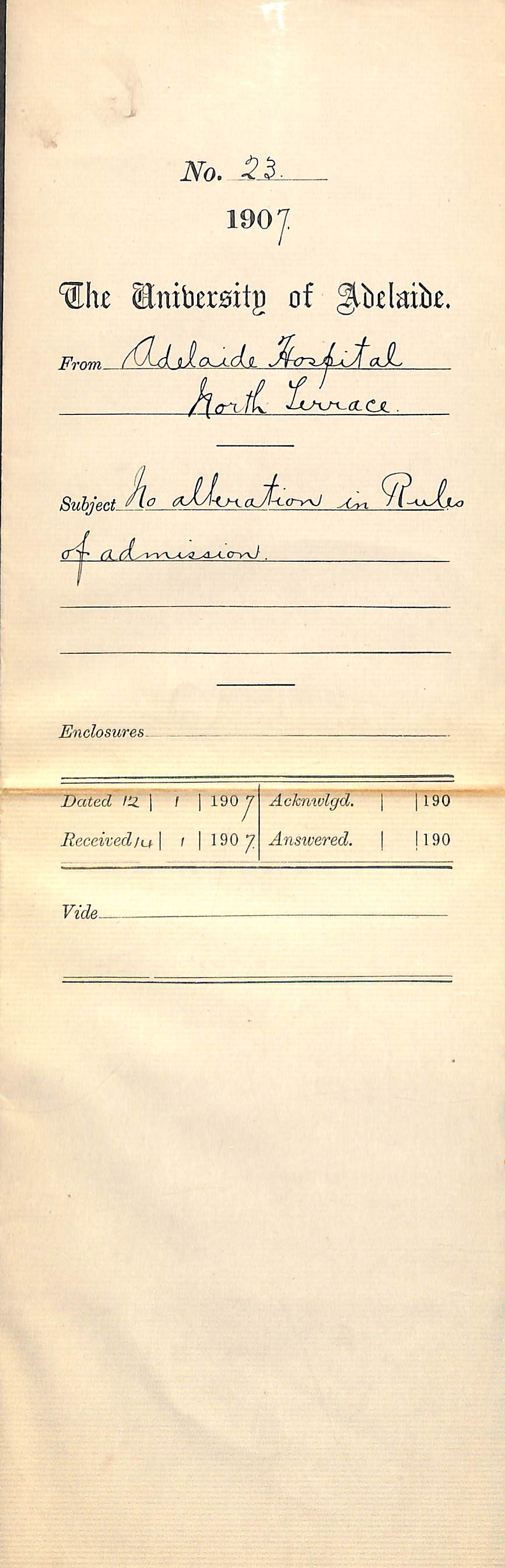 Adelaide Hospital - North Terrace - No alteration in Rules of Admission