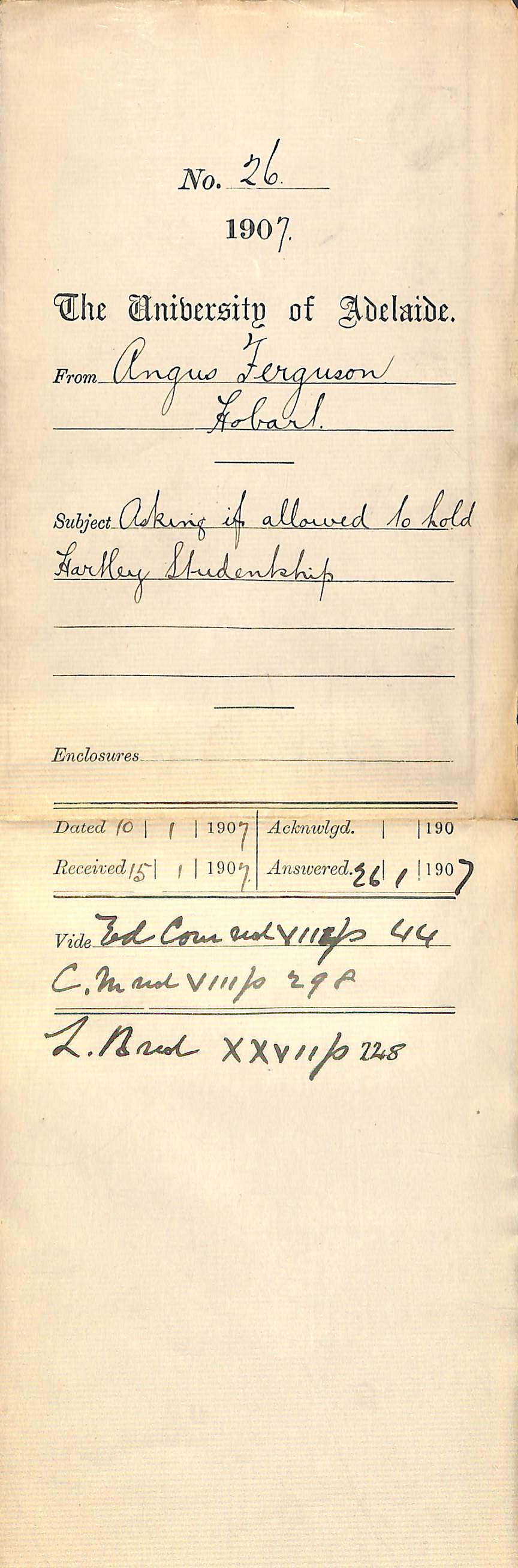 Angus Ferguson - Hobart - Asking if allowed to hold Hartley Studentship