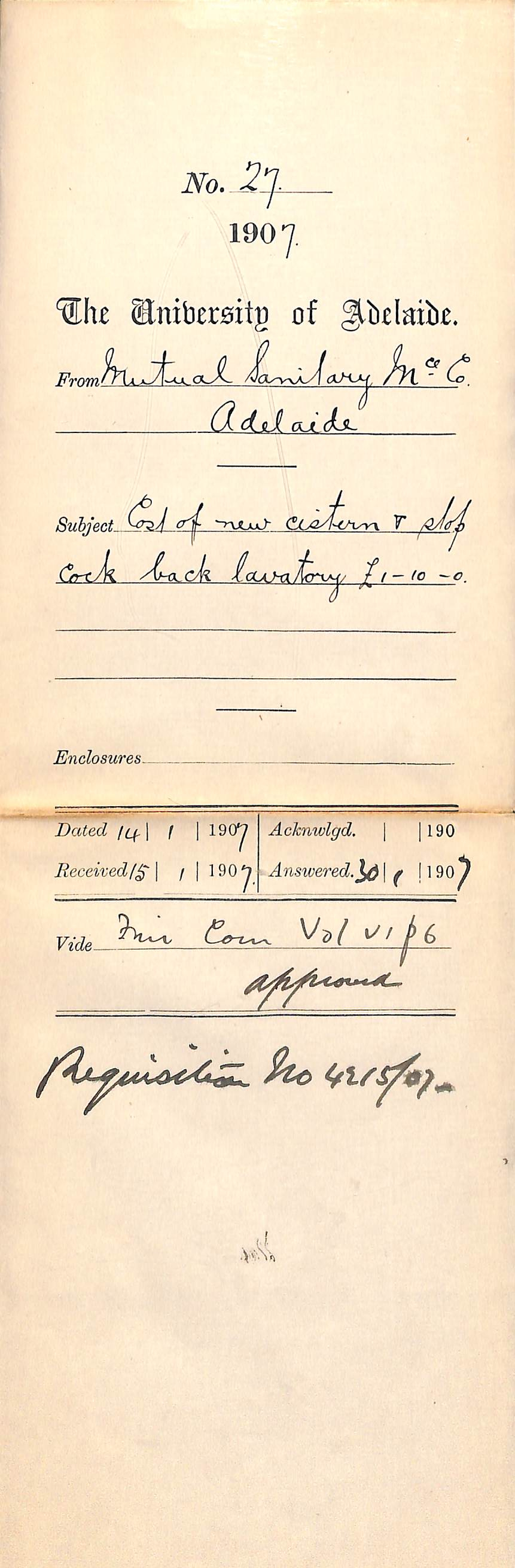 Mutual Sanitary Maintenance Company - Adelaide - Cost of new cistern and stopcock back Lavatory &pound;1-10-0