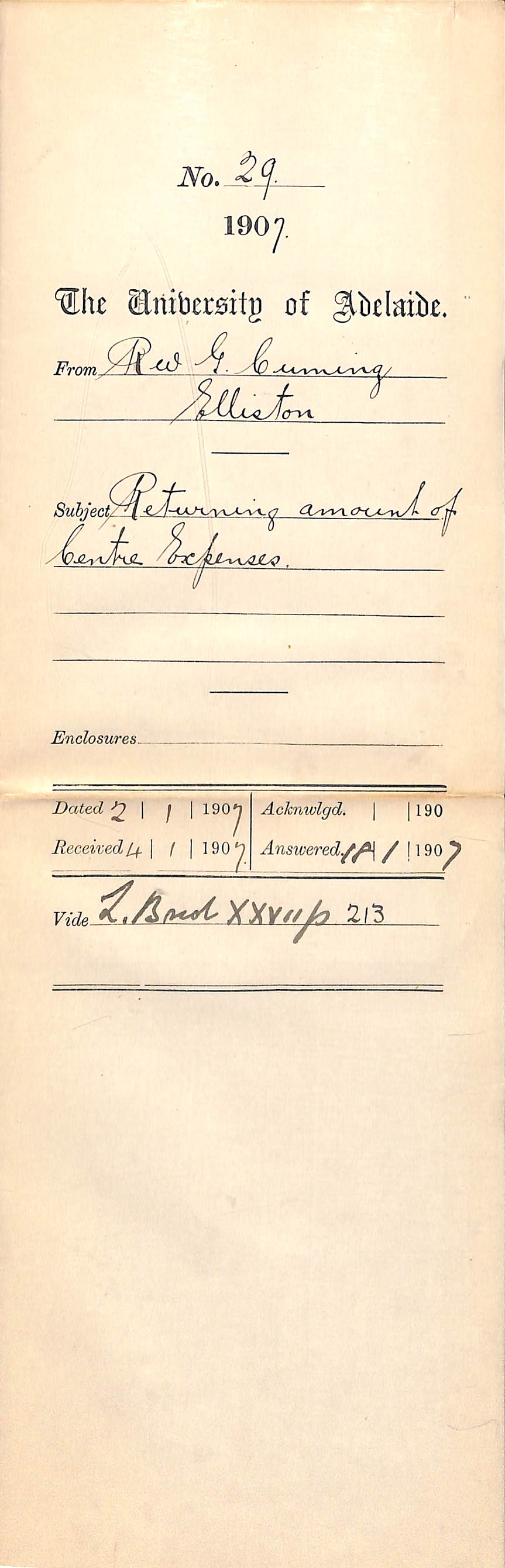 Reverend G Cuming - Elliston - Returning amount of Centre Expenses