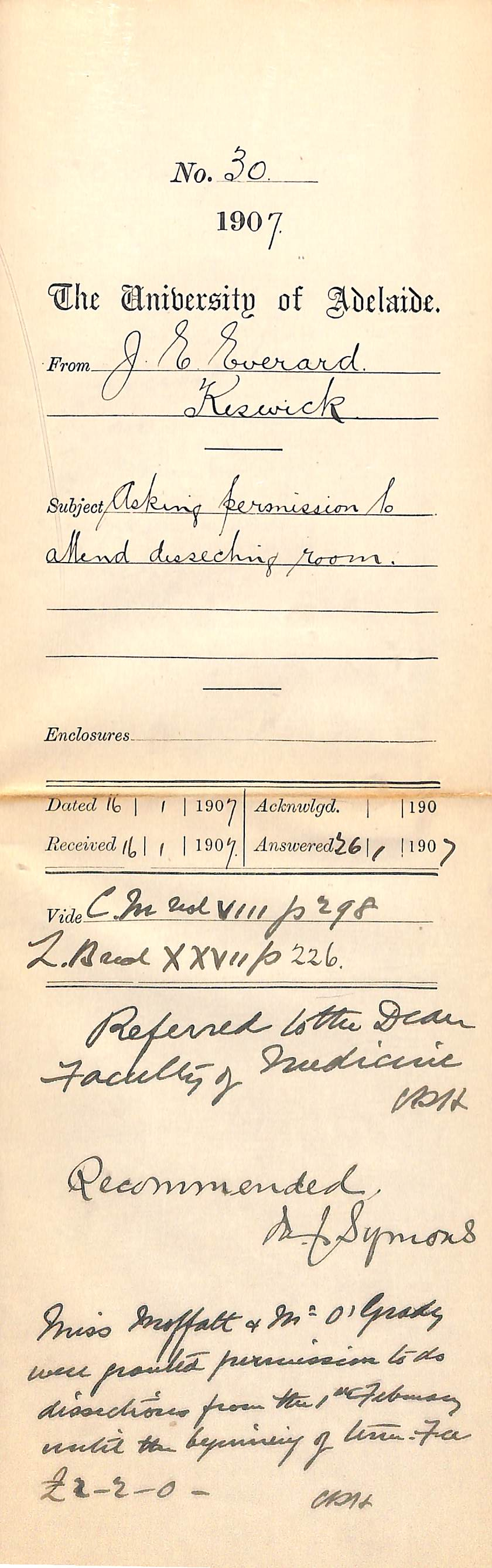 James Edward Everard - Keswick - Asking permission to attend Dissecting Room