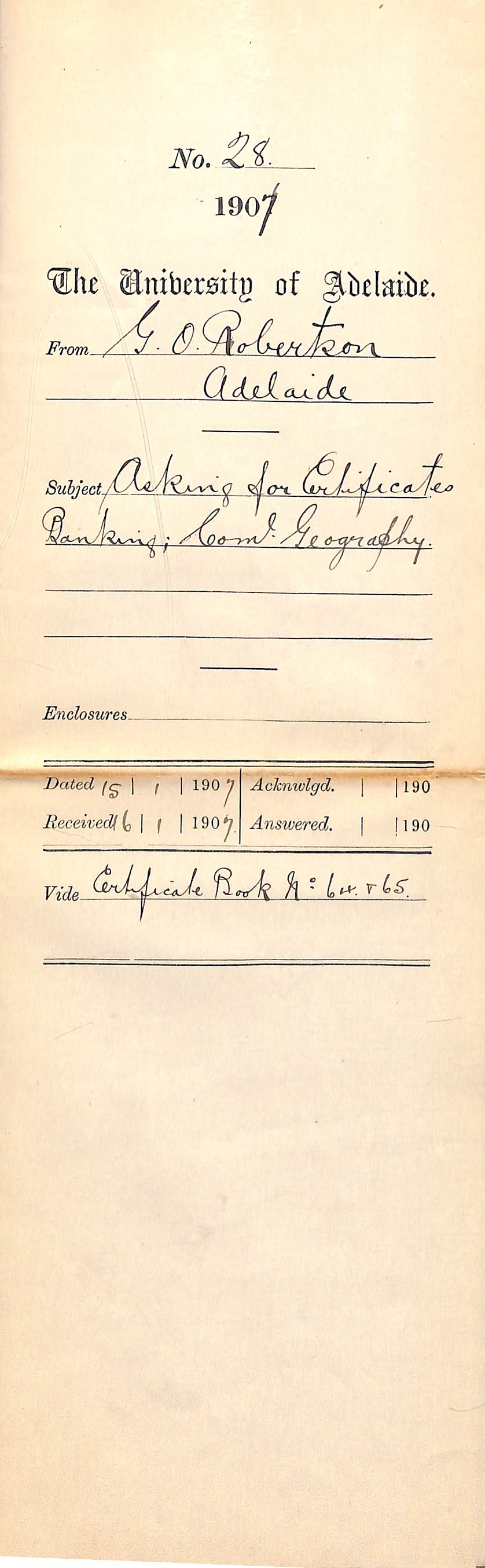 George Oliver Robertson - Adelaide - Asking for Certificates Banking and Commercial Geography