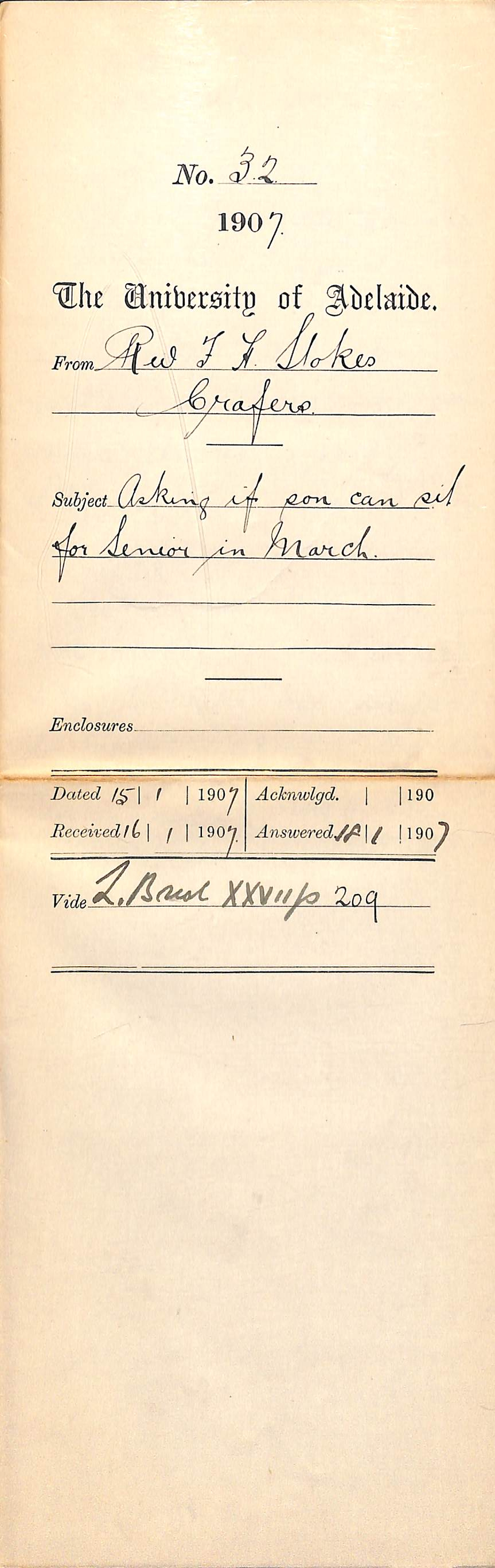 Reverend Frank H Stokes - Crafers - Asking if son can sit for Senior in March