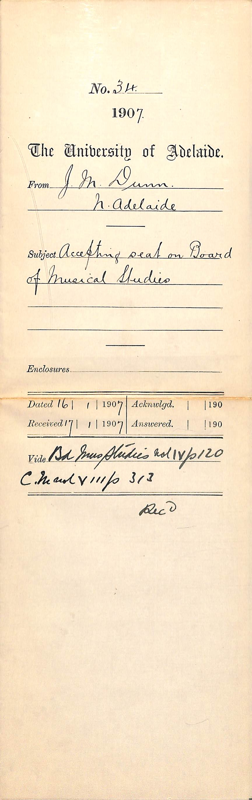 J M Dunn - North Adelaide - Accepting seat on Board of Musical Studies