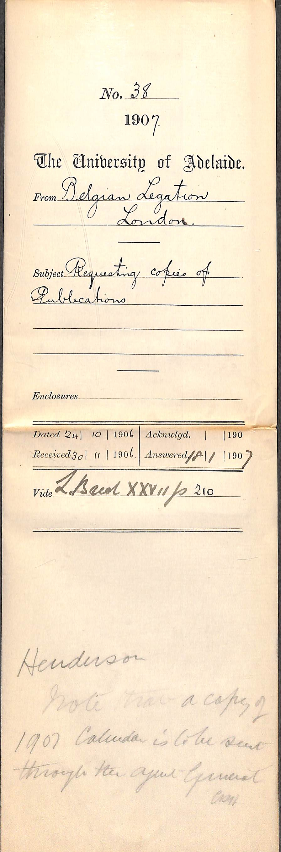 Belgian Legation - London - Requesting copies of Publications