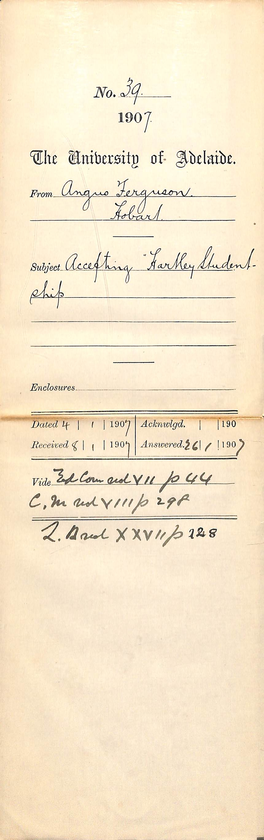 Angus Ferguson - Hobart - Accepting Hartley Studentship