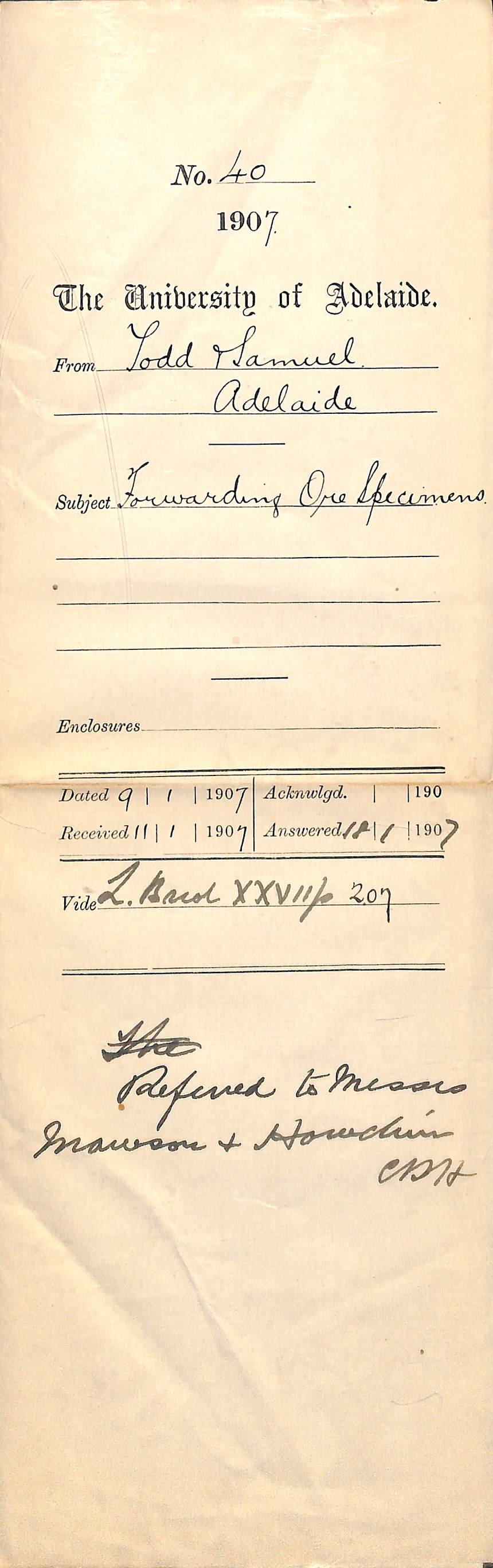 Todd and Samuel - Adelaide - Forwarding Ore Specimens