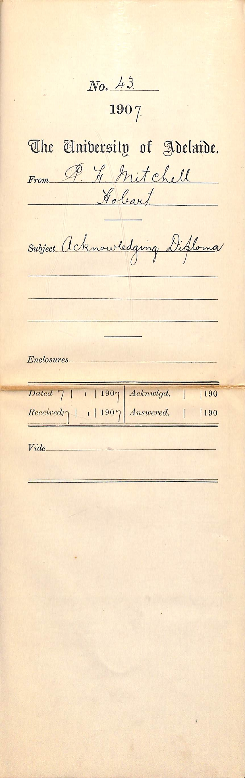 Percival Harris Mitchell - Hobart - Acknowledging Diploma