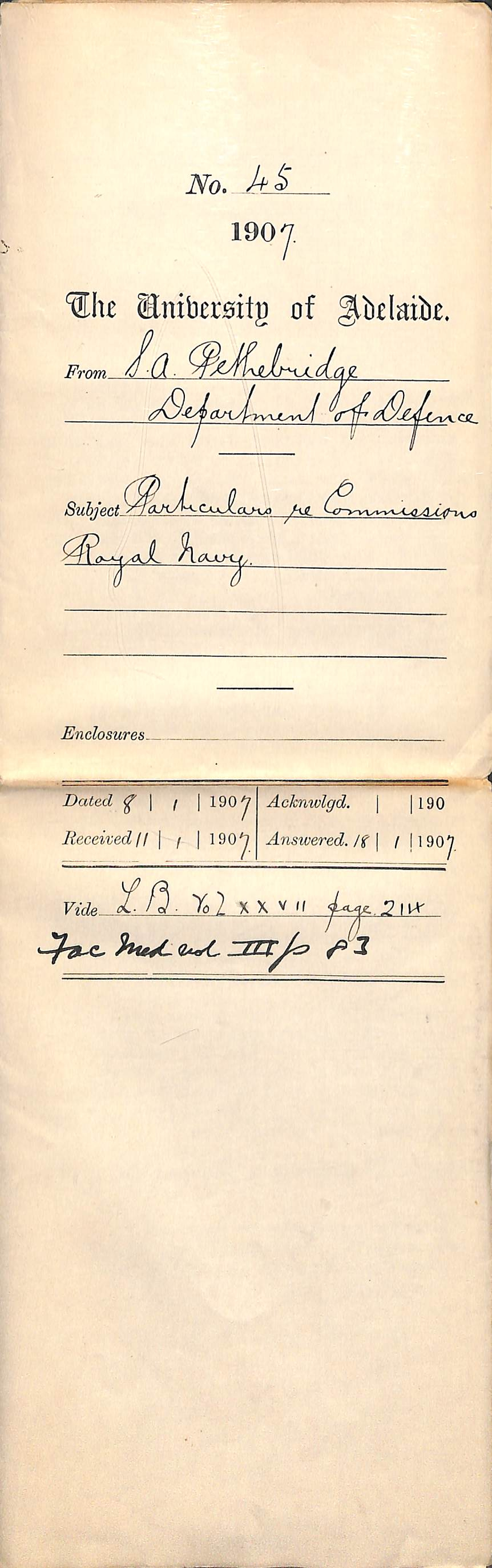 S A Pethebridge - Department of Defence - Particulars re Commissions Royal Navy