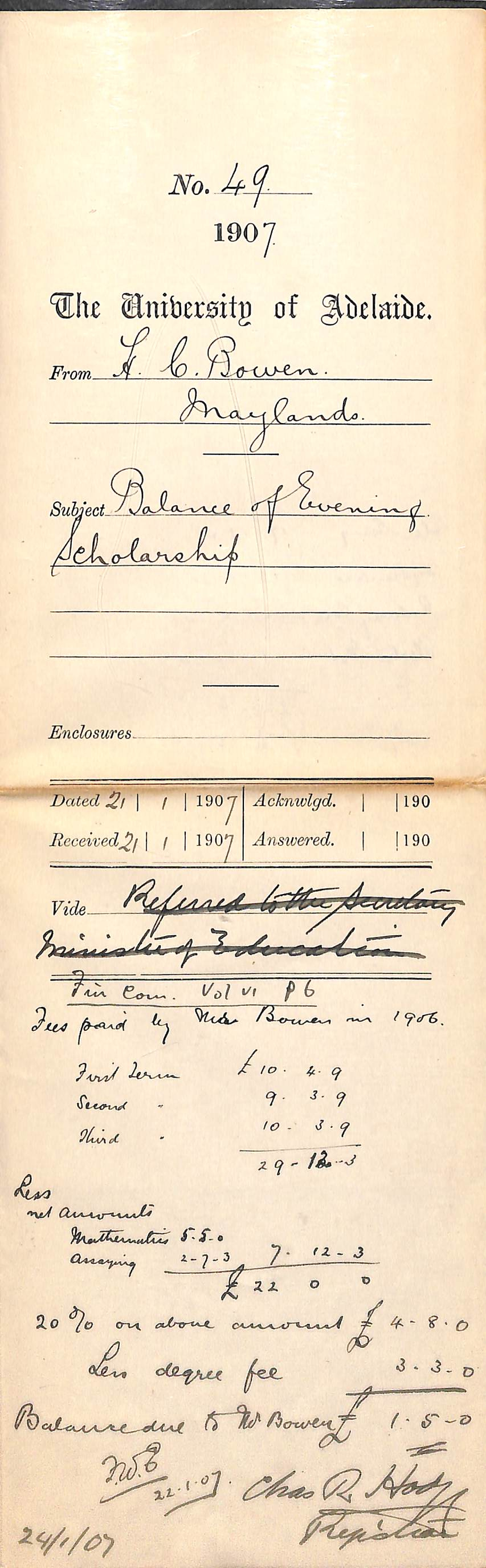 Harold Charles Bowen - Maylands - Balance of Evening Scholarship