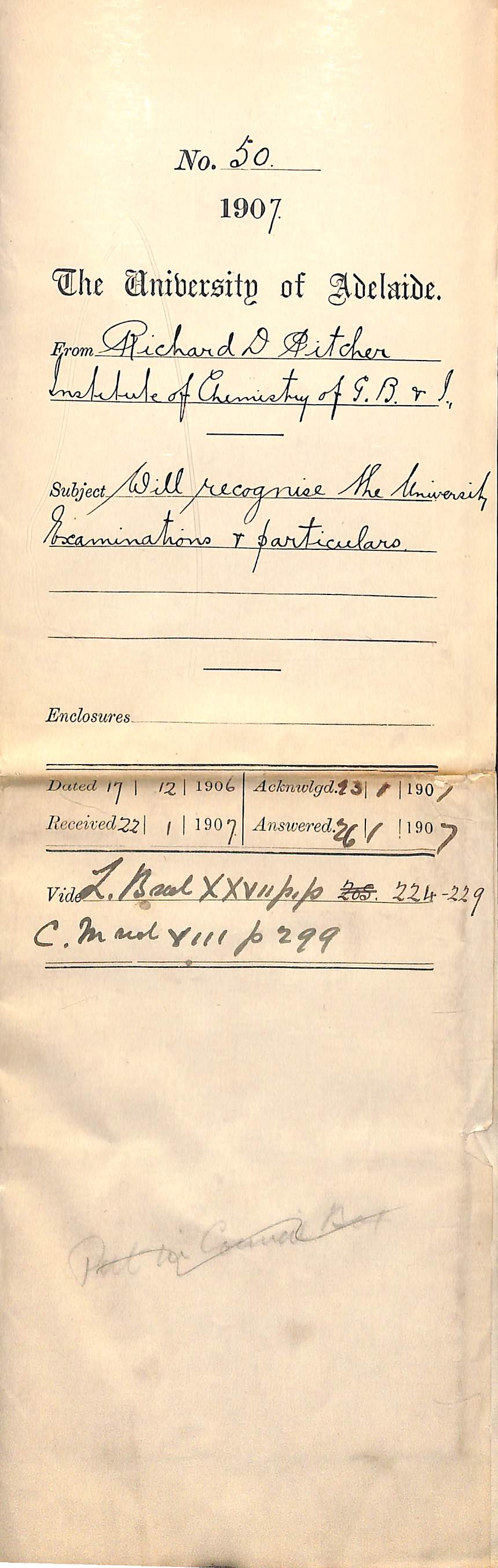 Richard D Pitcher - Institute of Chemistry of Great Britain and Ireland  - Will recognise the University Examinations and particulars