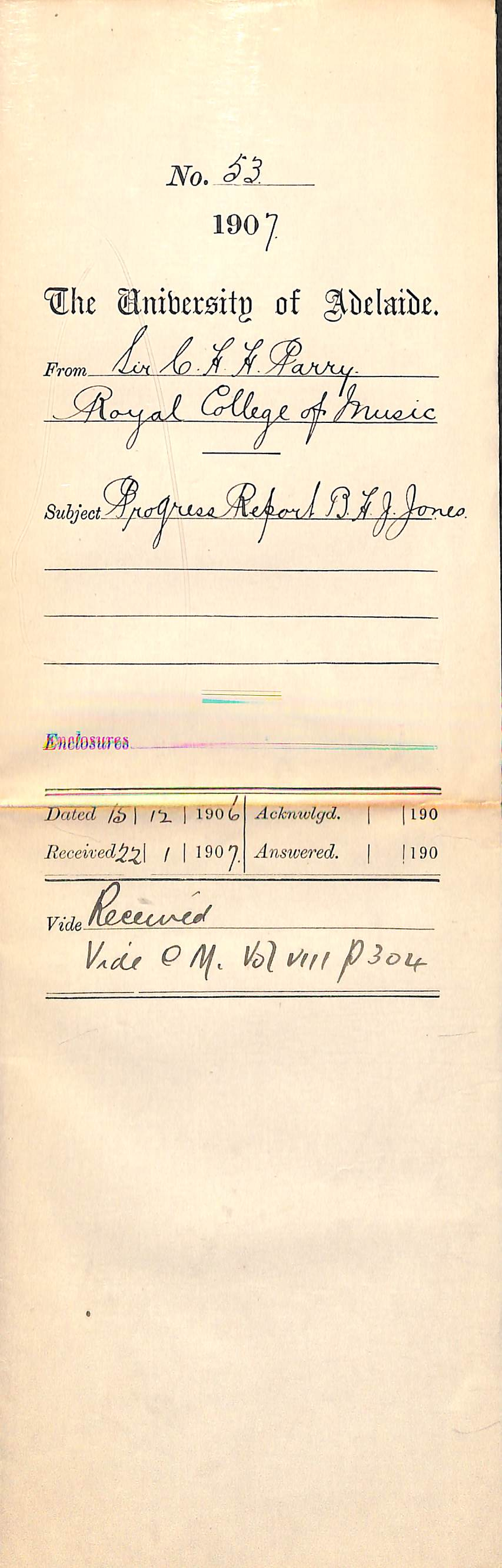 Sir Charles Hubert Hastings Parry - Royal College of Music - Progress Report Brewster Hooper Josse Jones