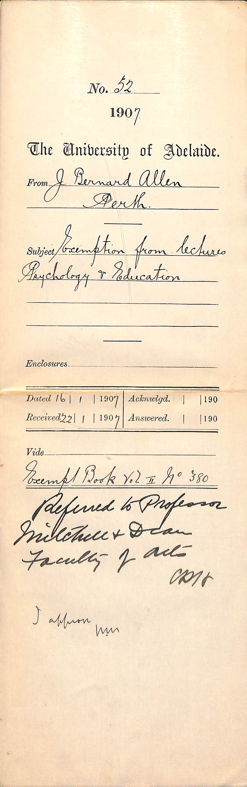 James Bernard Allen - Perth - Exemption from lectures Psychology and Education
