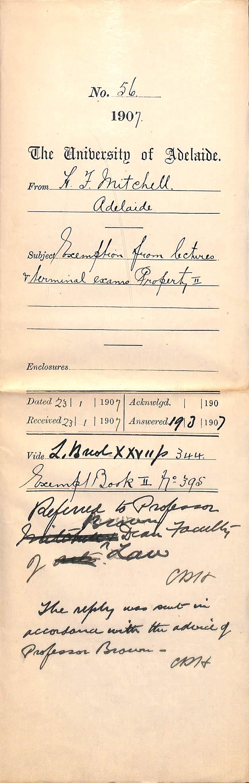 Harold Flinders Mitchell - Adelaide - Exemption from Lectures and Terminal Exams Property II