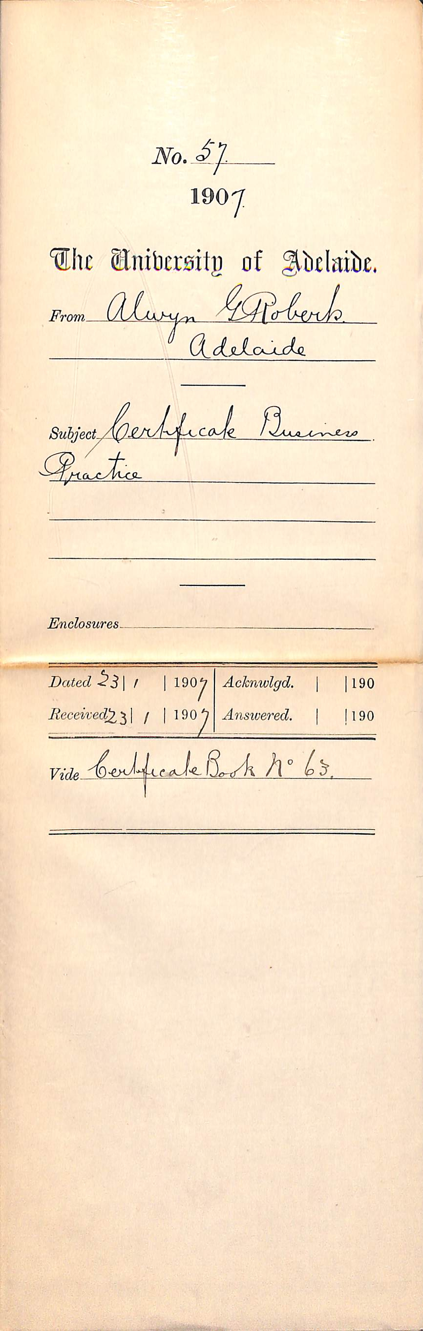 Alwyn G Roberts - Adelaide - Certificate Business Practice