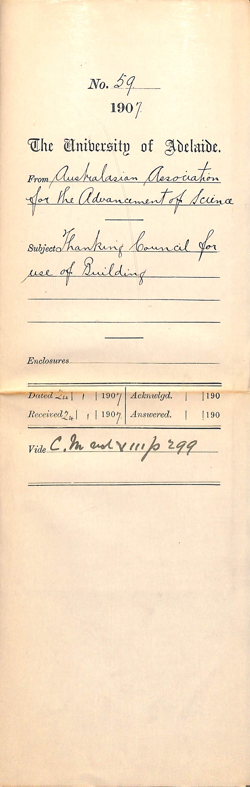 Australasian Association for the Advancement of Science - Thanking Council for use of Building