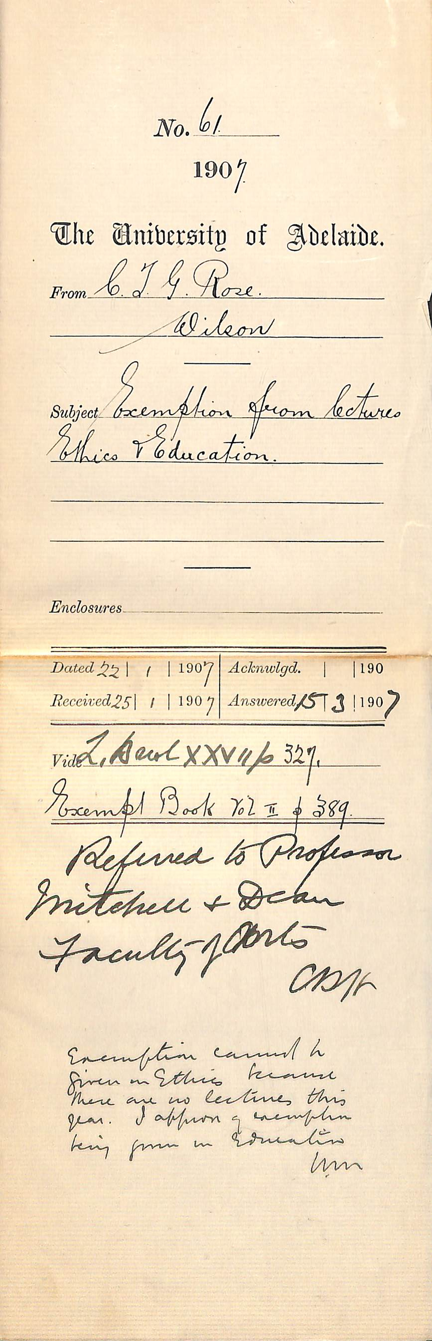 Clement Thomas G Rose - Wilson - Exemption from lectures Ethics and Education