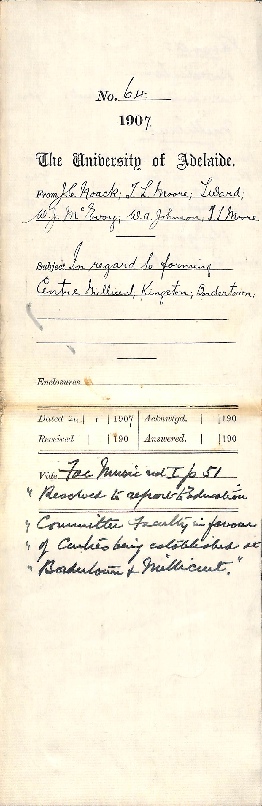 JC Noack  TL Moore  T Ward  WJ McEvoy  WA Johnson  TL Moore - In regard to forming Centre Millicent Kingston and Bordertown