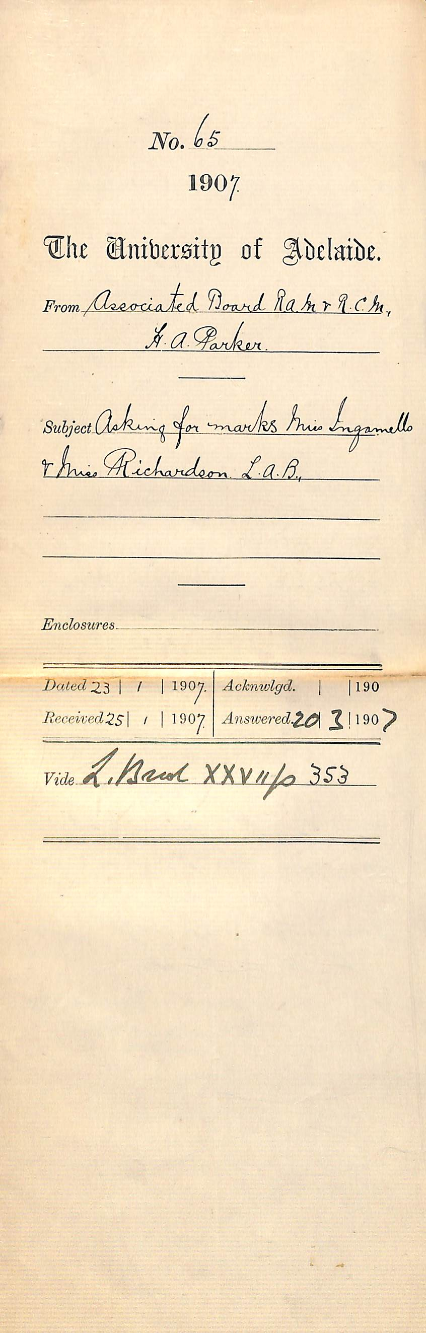 H A Parker - Associated Board Royal Academy of Music and Royal College of Music - Asking for marks Miss Ingamells and Miss Richardson