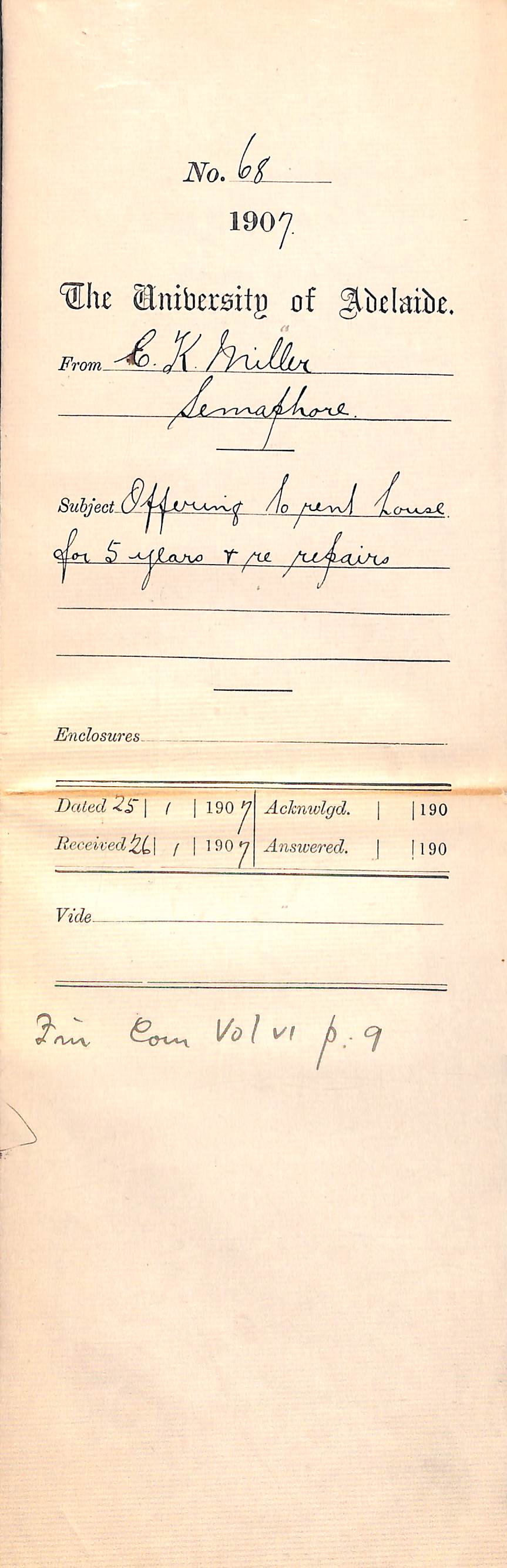 C K Miller - Semaphore - Offering to rent house for 5 years and re repairs