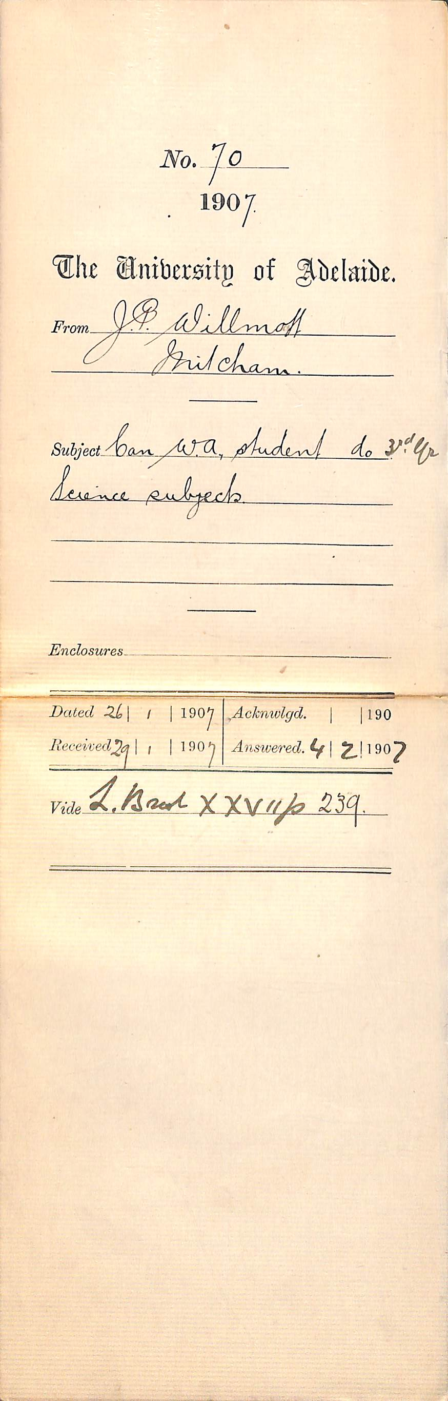 Josiah Percival Willmott - Mitcham - Can Western Australian student do 3rd Year Science Subjects