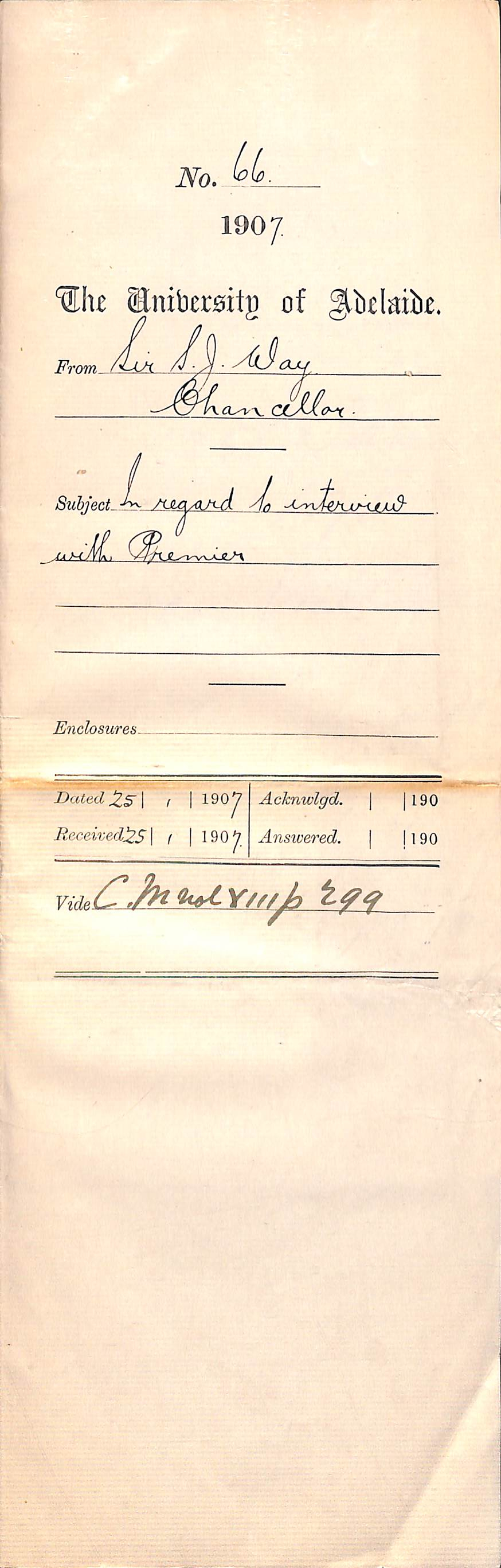 Sir Samuel James Way - Chancellor - In regard to interview with Premier