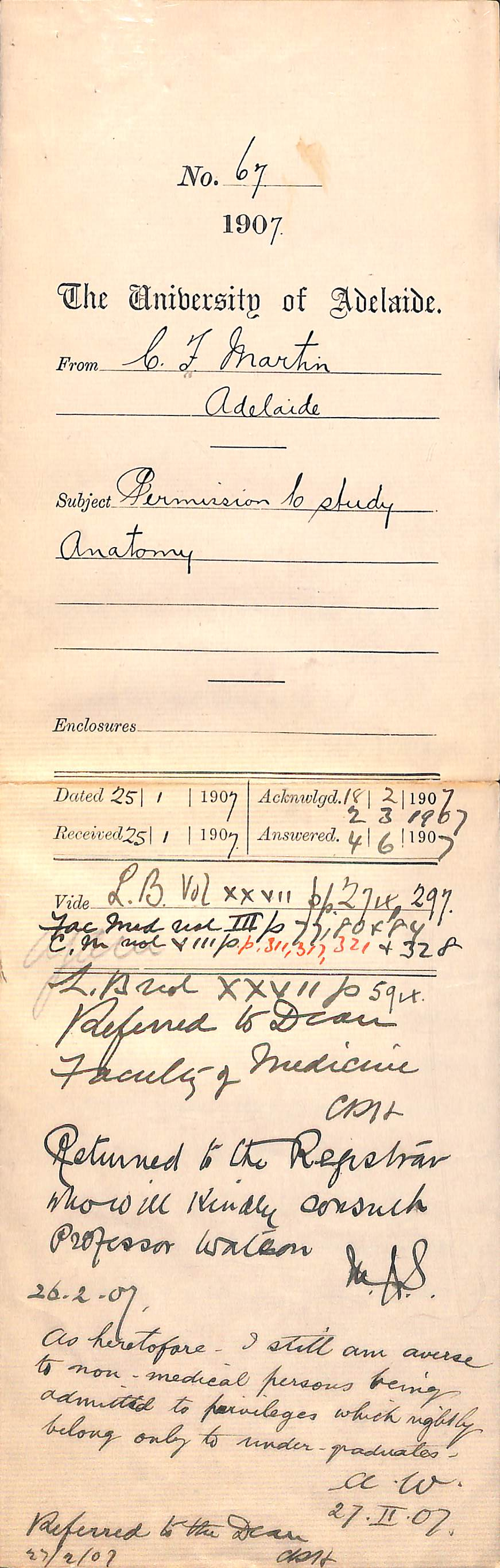 C F Martin - Adelaide - Permission to study Anatomy