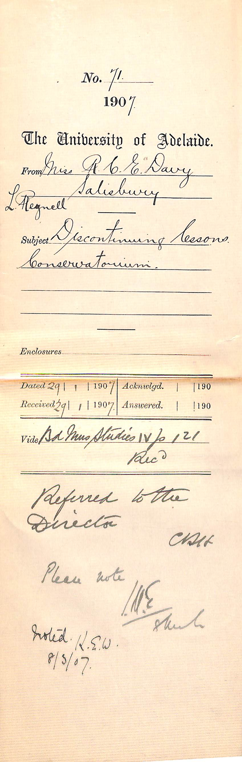 Miss Ruby C E Davy - Salisbury - Lenore Reynell - Discontinuing lessons Conservatorium