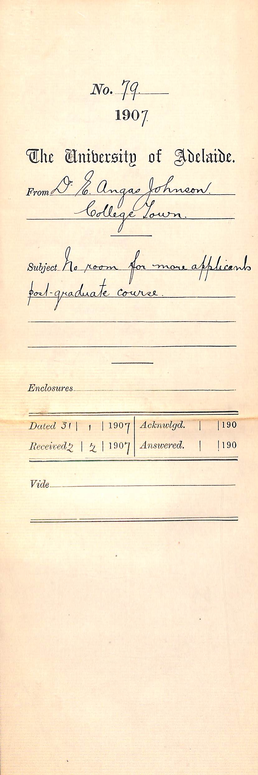 Dr Edward Angas Johnson - College Town - No room for more applicants Post Graduate Course