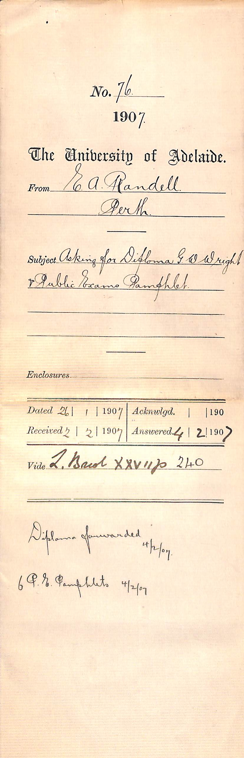 E A Randell - Perth - Asking for Diploma G W Wright and Public Exams Pamphlet