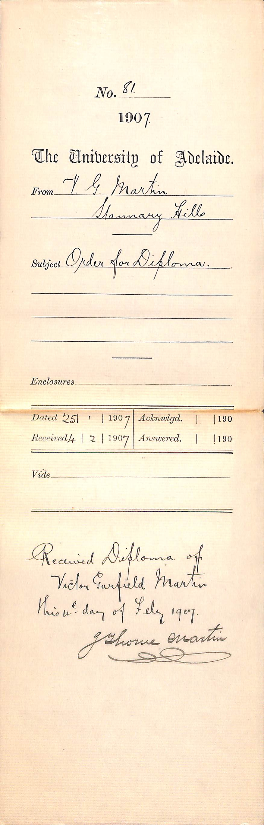 Victor G Martin - Stannary Hills - Order for Diploma