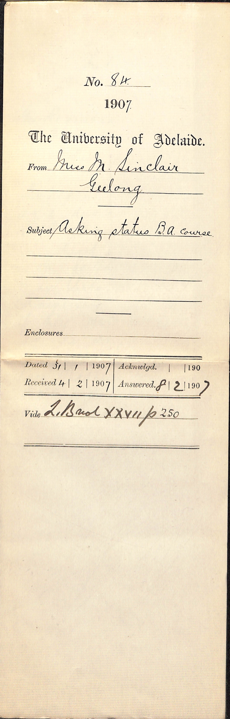 Miss Mary Sinclair - Geelong - Asking status BA Course