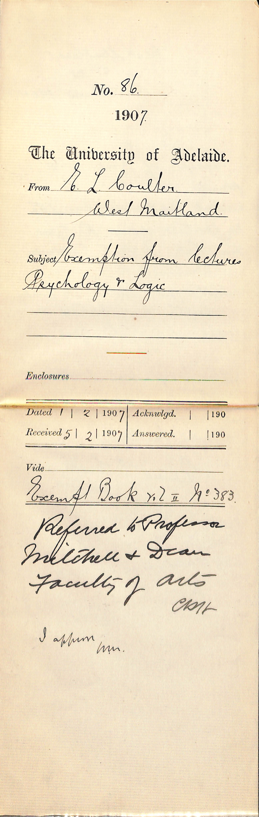 Edward L Coulter - West Maitland - Exemption from lectures Psychology and Logic