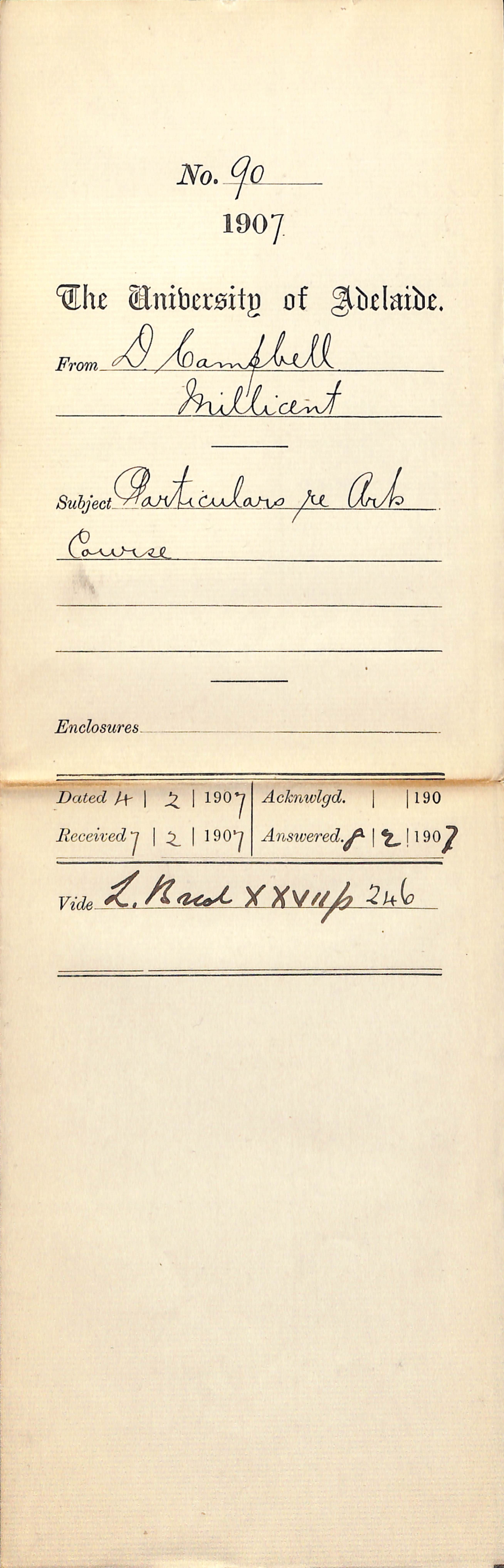 Donald Campbell - Millicent - Particulars re Arts Course