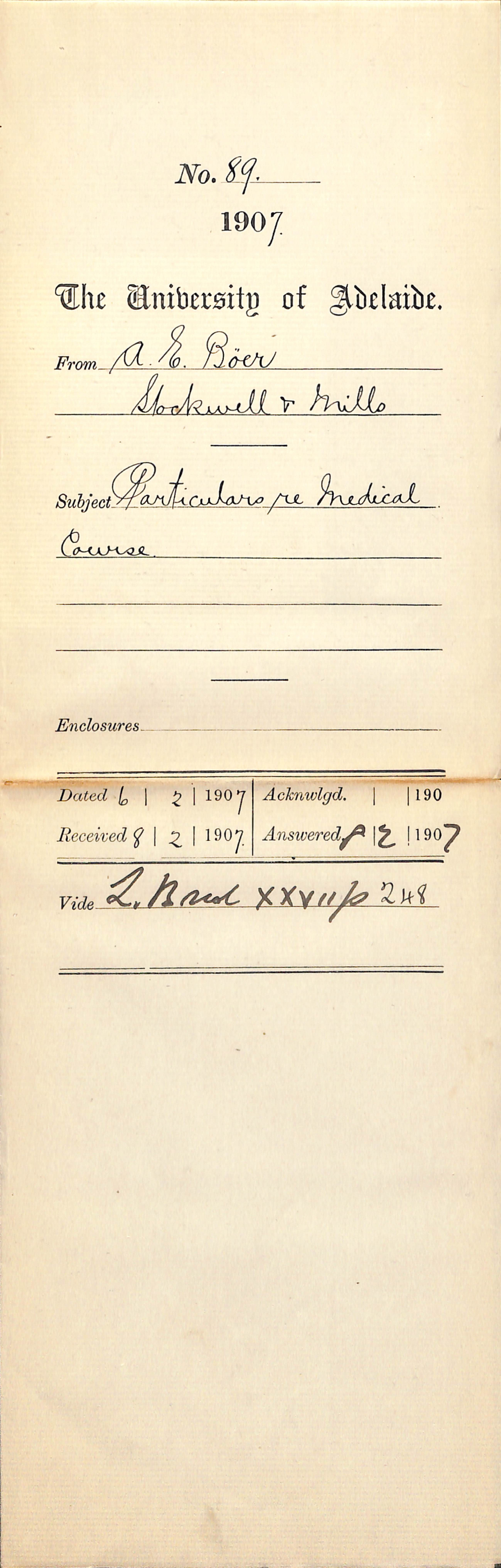 A E Boer - Stockwell and Mills - Particulars re Medical Course