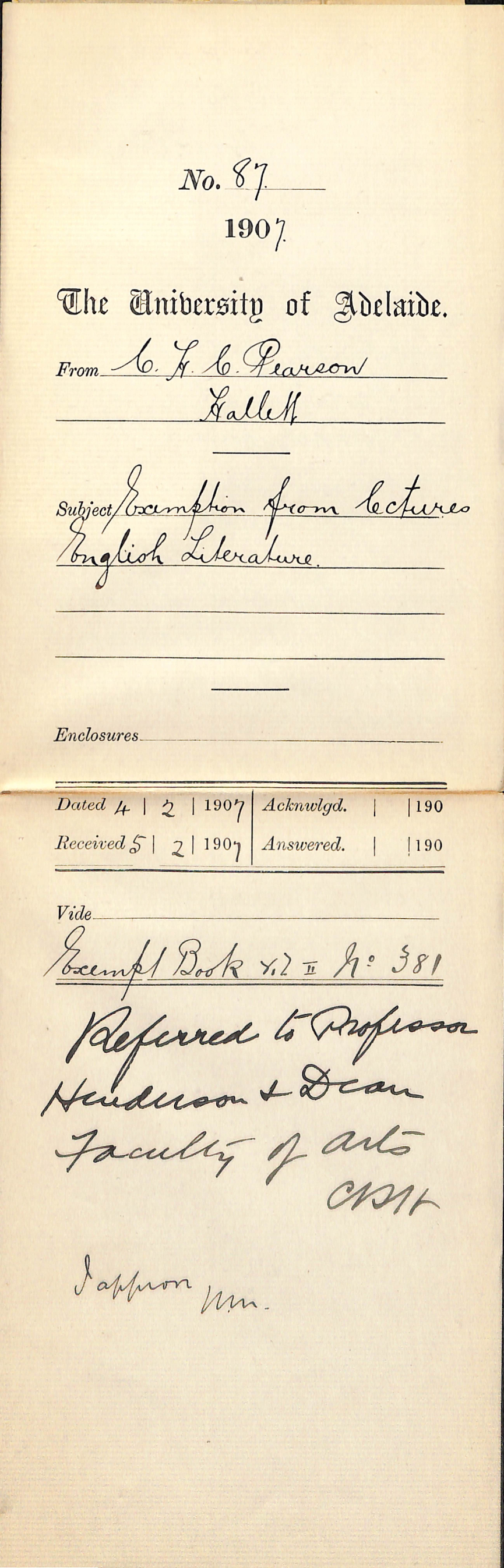 Charles H C Pearson - Hallett - Exemption from lectures English Literature