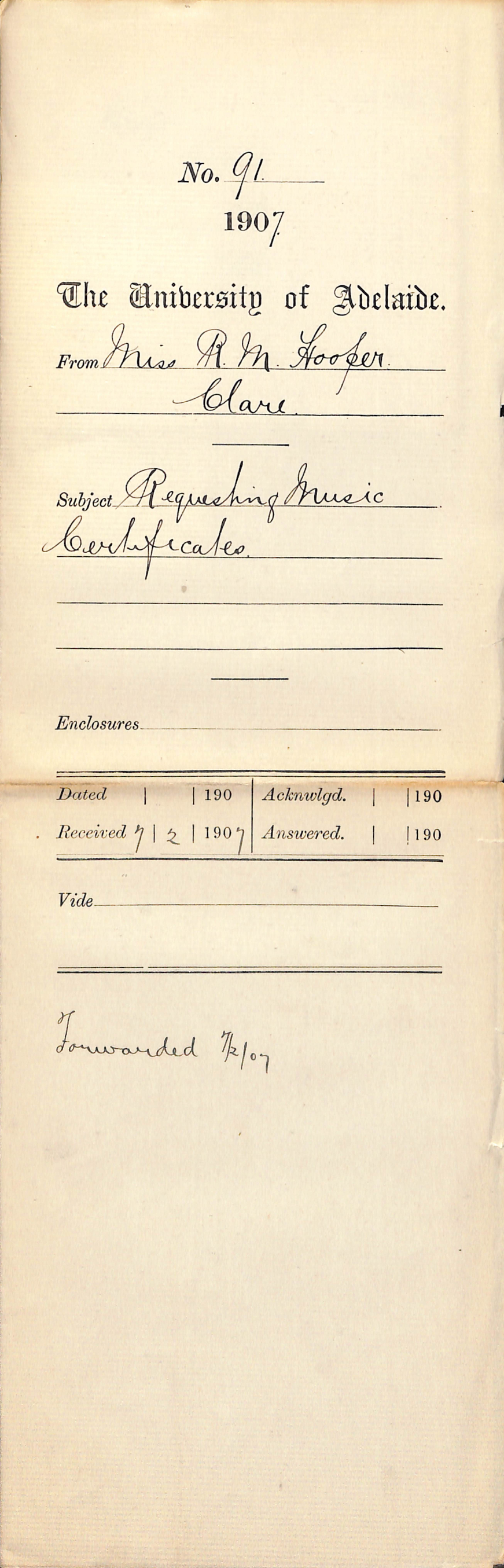 Miss Ruby M Hooper - Clare - Requesting Music Certificates