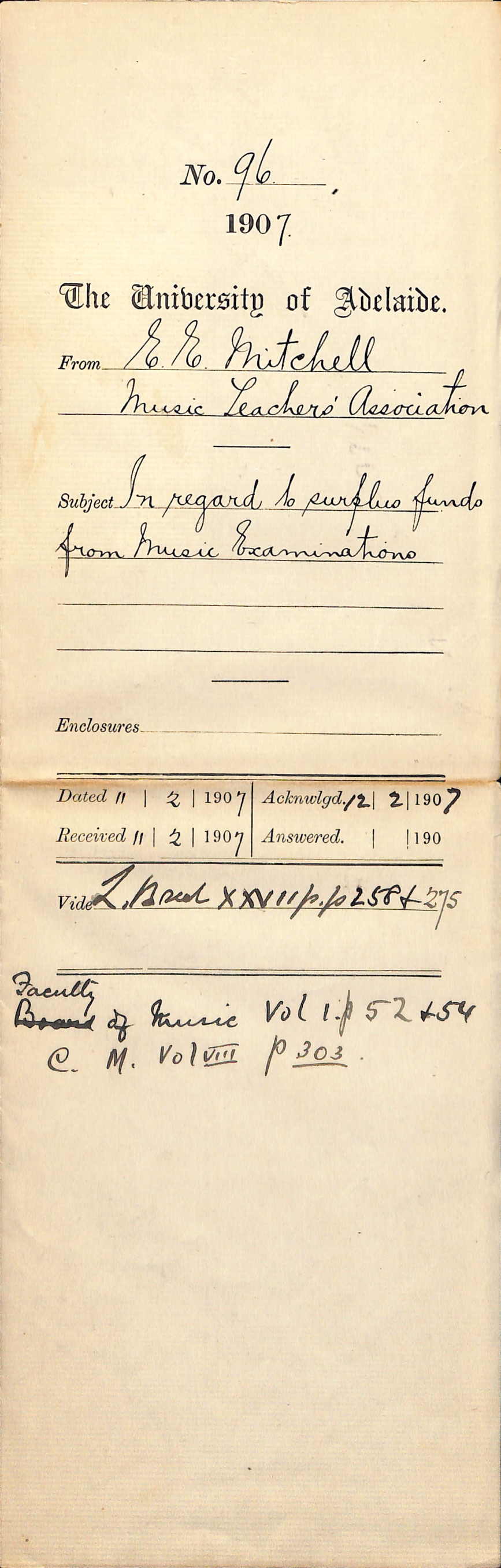 Ernest E Mitchell - Music Teachers Association - In regard to surplus funds from Music Examinations