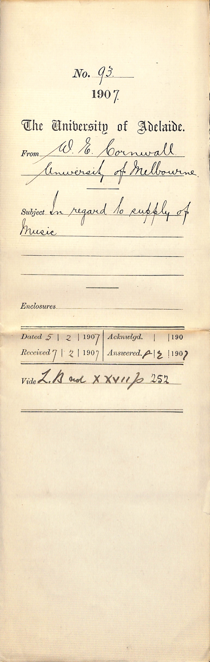 Walter Emerson Cornwall - Registrar University of Melbourne - In regard to supply of Music