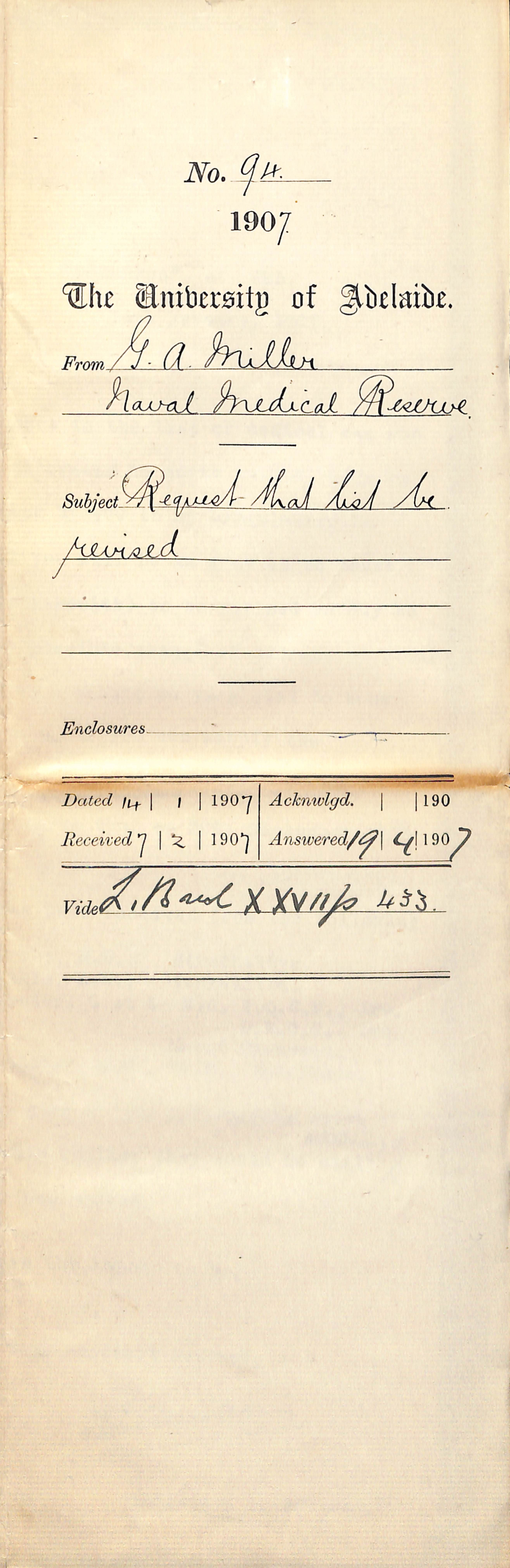 G A Miller - Naval Medical Reserve - Request that list be revised